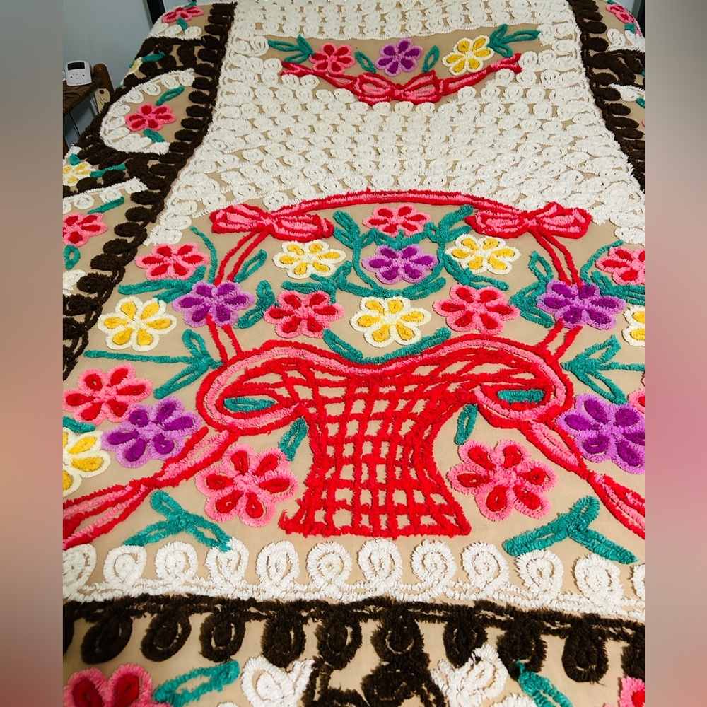 Vintage chenille bedspread, bright vivid colors. No blemishes, holes or stains.